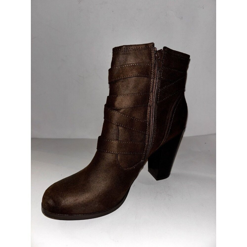 Just Fab Brianne Chunky Heel‎ Ankle Bootie Faux Leather Women 11M Brown Pull On